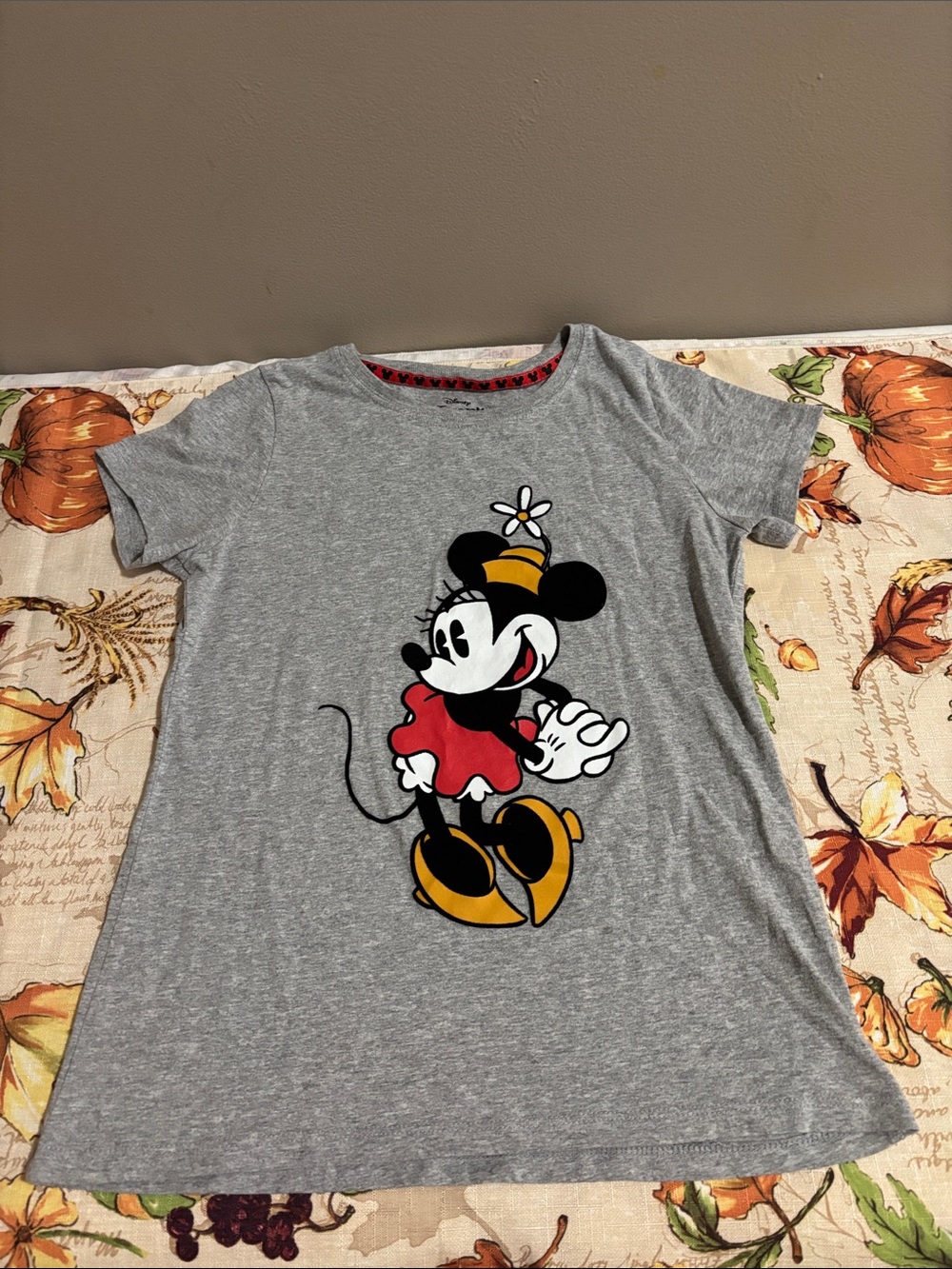 Disney Gray Minnie Mouse Graphic Tee with Red Dress and Yellow Shoes